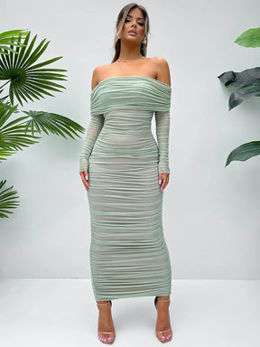 Vestido Midi Fora do Ombro Manga Longa