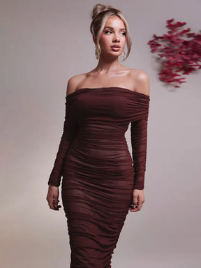 Vestido Midi Fora do Ombro Manga Longa