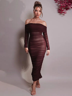 Vestido Midi Fora do Ombro Manga Longa