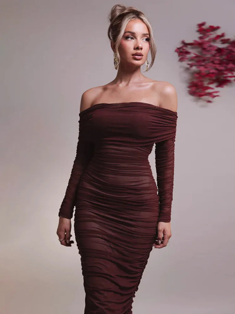 Vestido Midi Fora do Ombro Manga Longa