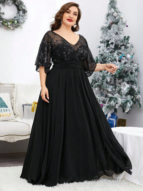 Vestido Preto Longo Bordado See-through de Lantejoula Manga Trompete
