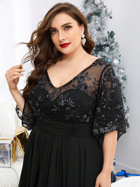 Vestido Preto Longo Bordado See-through de Lantejoula Manga Trompete