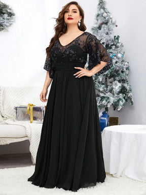 Vestido Preto Longo Bordado See-through de Lantejoula Manga Trompete