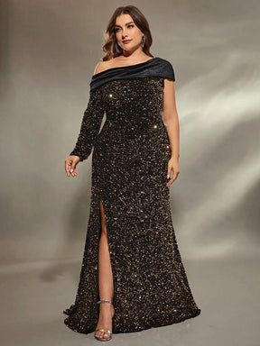 Vestido Preto Longo Plus Size Assimétrico Manga Longa Veludo