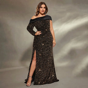 Vestido Preto Longo Plus Size Assimétrico Manga Longa Veludo