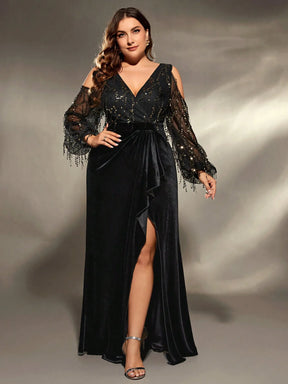 Vestido Preto Longo Plus Size Decote em V Fora do Ombro Lantejoula