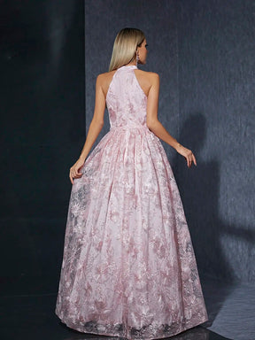 Vestido Rosa Longo Gola Alta Renda Bordada