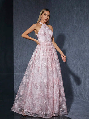Vestido Rosa Longo Gola Alta Renda Bordada
