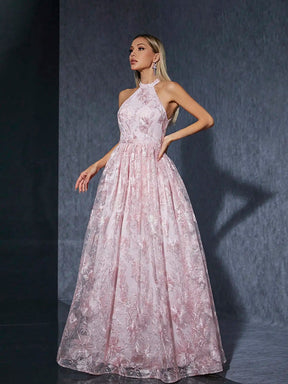 Vestido Rosa Longo Gola Alta Renda Bordada