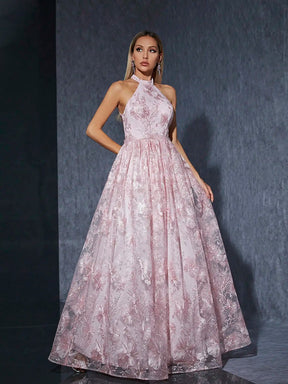 Vestido Rosa Longo Gola Alta Renda Bordada