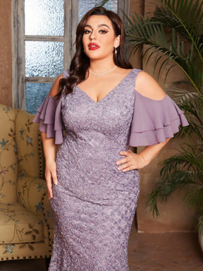 Vestido Roxo Longo Plus Size Multi-camada Fora do Ombro Manga