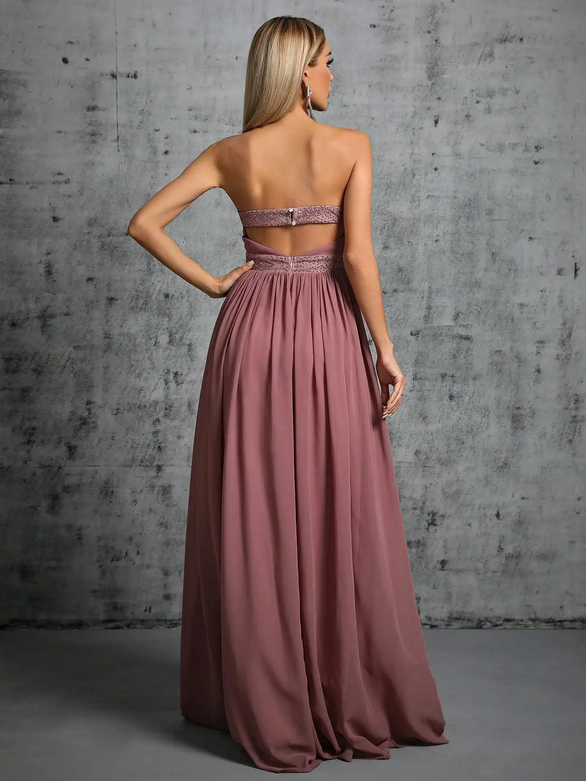 Vestido Rubi Longo Busto Bainha Renda Diamante Chiffon