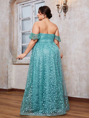 Vestido Verde Longo Plus Size Manga Folha de Lótus Ombro Off