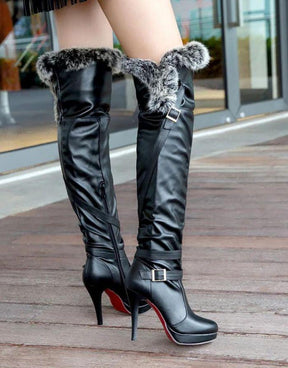 Bota Feminina Preta Salto Alto Pelúcia Easy