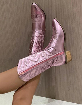 Bota Feminina Rosa Western Cano Médio Com Recortes
