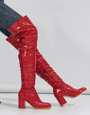 Bota Feminina Vermelha Couro Envernizado Salto Bloco