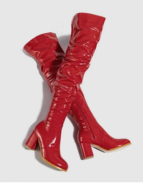 Bota Feminina Vermelha Couro Envernizado Salto Bloco