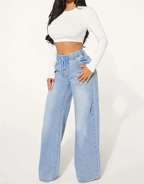 Calça Azul Claro Jeans Feminina Larga Cintura Elástica