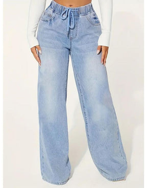 Calça Azul Claro Jeans Feminina Larga Cintura Elástica