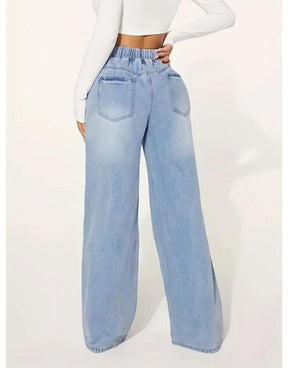 Calça Azul Claro Jeans Feminina Larga Cintura Elástica
