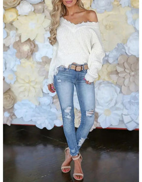 Calça Jeans Azul Claro Feminina Skinny Rasg