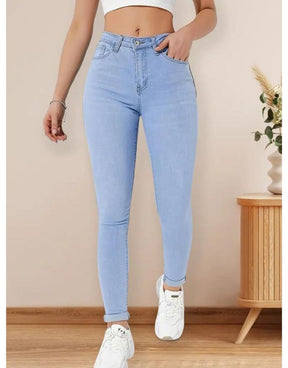 Calça Jeans Azul Claro Skinny Cintura Alta Bainha Dobrada