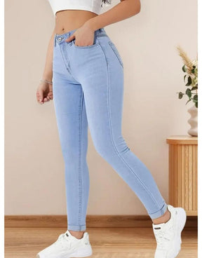 Calça Jeans Azul Claro Skinny Cintura Alta Bainha Dobrada