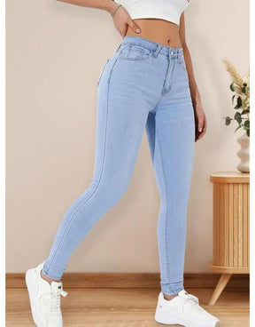 Calça Jeans Azul Claro Skinny Cintura Alta Bainha Dobrada