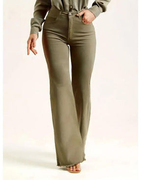 Calça Jeans Verde Exército Feminina Barra Cru