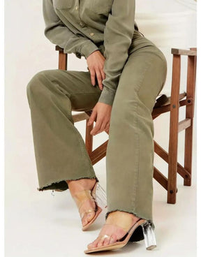 Calça Jeans Verde Exército Feminina Barra Cru