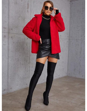 Casaco Vermelho Feminino de Lã Gola Dobrável Casual