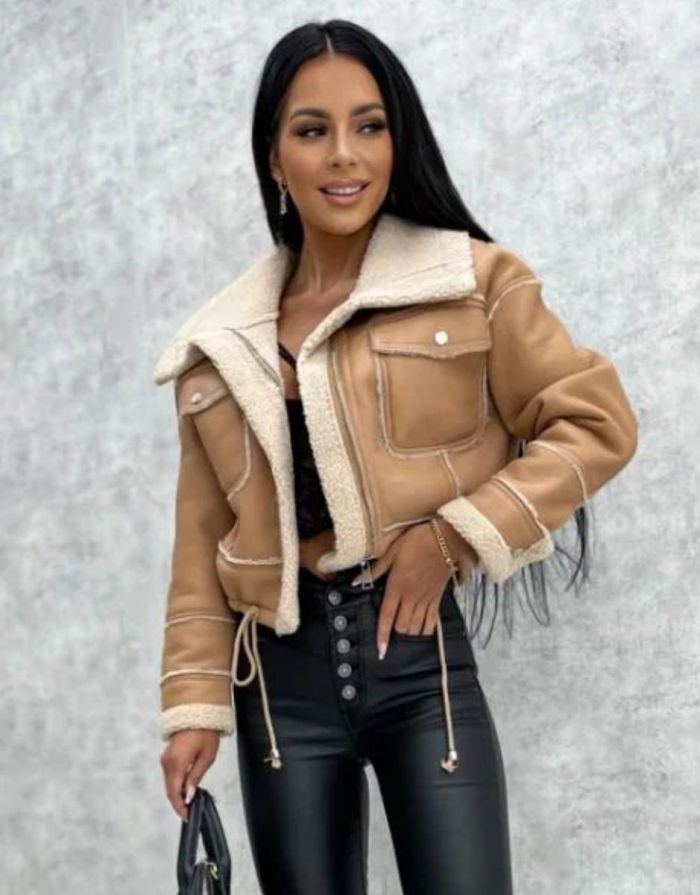 Jaqueta Feminina Khaki Couro Faux Fur