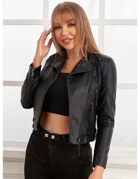 Jaqueta Preta Feminina de Couro Motociclista