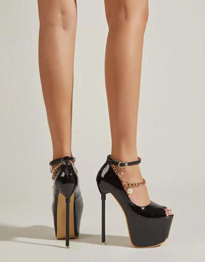 Sapato Feminino Preto Peep Toe Corrente Tornozelo