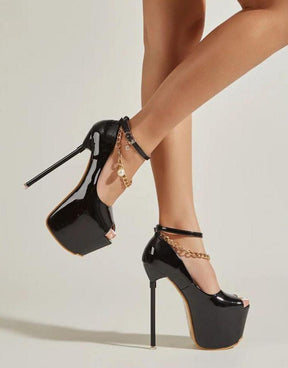 Sapato Feminino Preto Peep Toe Corrente Tornozelo