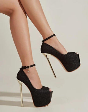 Sapato Feminino Preto Peep Toe Salto Alto Dourado