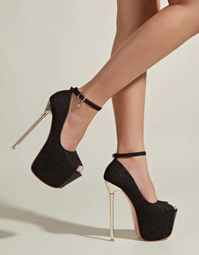 Sapato Feminino Preto Peep Toe Salto Alto Dourado