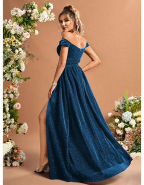 Vestido Azul Baolan Longo De Glitter Fora Do Ombro