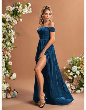 Vestido Azul Baolan Longo De Glitter Fora Do Ombro