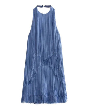 Vestido Azul Franja Off Shoulder