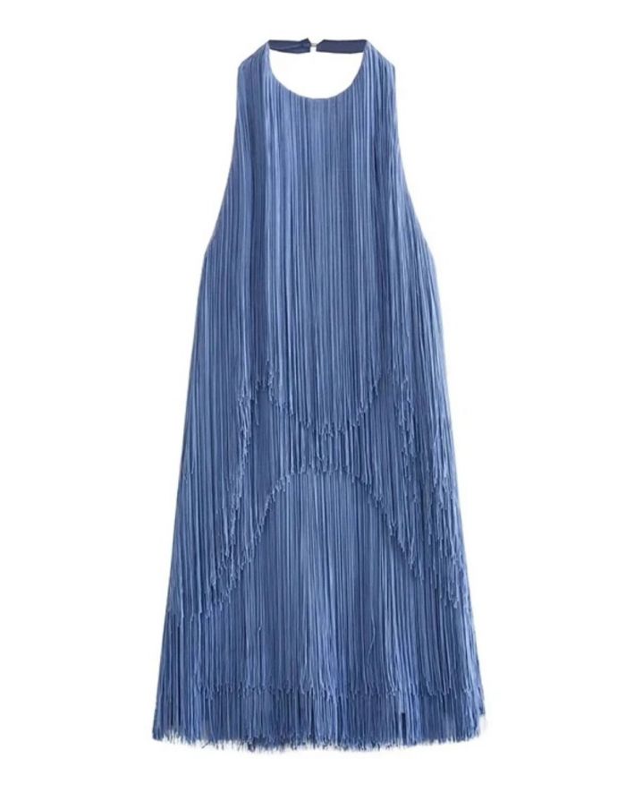 Vestido Azul Franja Off Shoulder