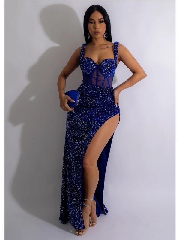 Vestido Azul Longo Giulia Fenda Alta