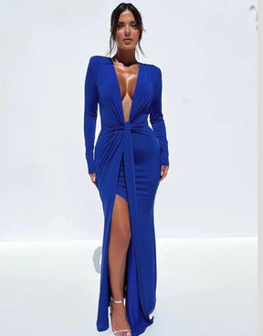 Vestido Azul Longo Manga Longa Decote em V Profundo
