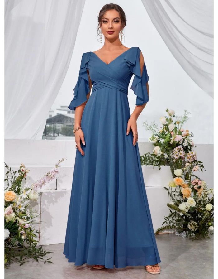 Vestido Azul Longo Ombro Babados