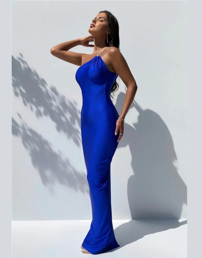 Vestido Azul Longo Ombro Só