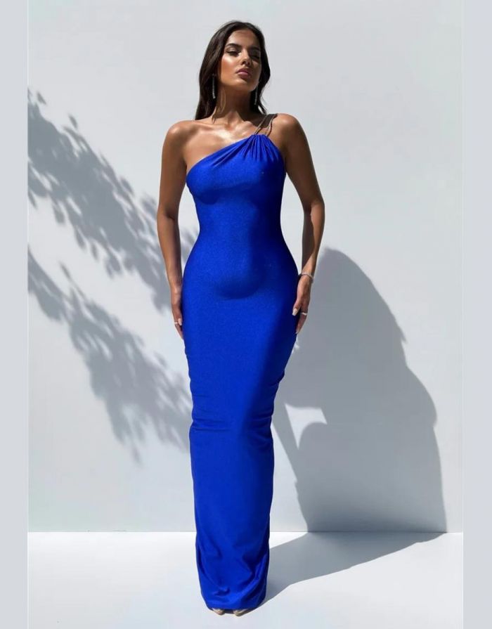 Vestido Azul Longo Ombro Só