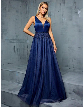 Vestido Azul Marinho Longo Cetim Franja De Renda