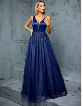 Vestido Azul Marinho Longo Cetim Franja De Renda