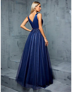 Vestido Azul Marinho Longo Cetim Franja De Renda