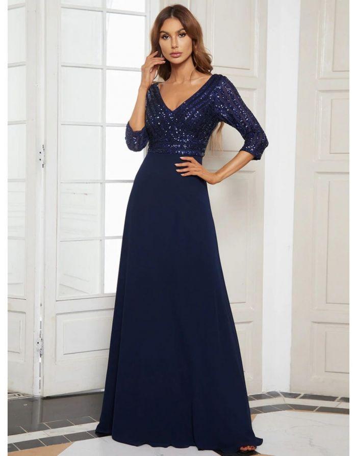 Vestido Azul Marinho Longo Decote em V Chiffon Contraste Lantejoula